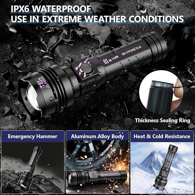 SKYFIRE Rechargeable Flashlights High Lumens: LED Super Bright Flashlight Zoomable 5 Modes Tactical Waterproof Handheld Powerful Flash Light for Camping, Emergency, Holiday Gift (with Ignition Lens)