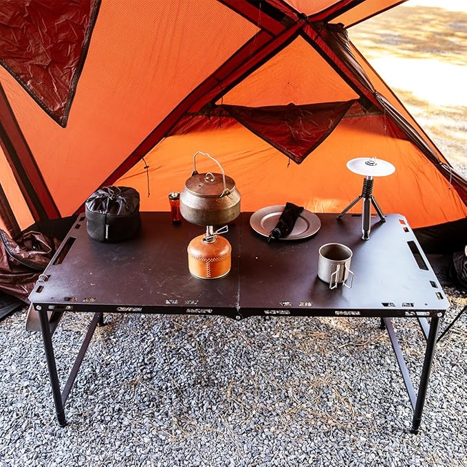 SoloWilder Foldable Camping Table with Gas Struts 3'5" Outdoor Portable Table 19" - 24" Height Adjustable Carbon Steel Lightweight Camping Table 12lb