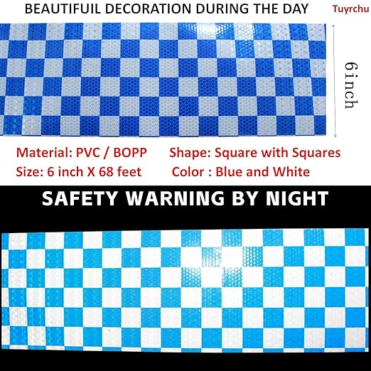 Reflective Tape Blue and White 6 inch, Outdoor Waterproof Hazard Conspicuity Warning Industrial Marking Tape (68 feet)