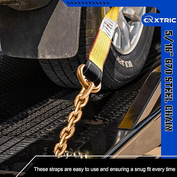 8 Point Roll Back Vehicle Tie Down Kit,Tow Truck Flatbed Straps with Chain Extension on Both Ends,WLL 3300 lbs,Heavy Duty Car Hauler Tire Over Wheel Tie Down Straps