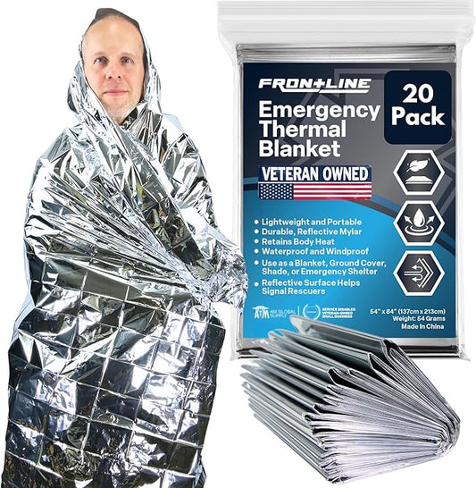 FRONTLINE Emergency Thermal Blankets Large 54" x 84" Mylar Blankets Survival Gear Camping Gear Emergency Space Blanket First Aid for Survival (20)