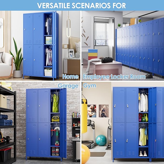 6 Doors Metal Locker for Employees with 18 Hooks and Business Card Holder,Metal Locker with Ventilation Holes for School Garage Office Gym Home,Assembly Required,Blue