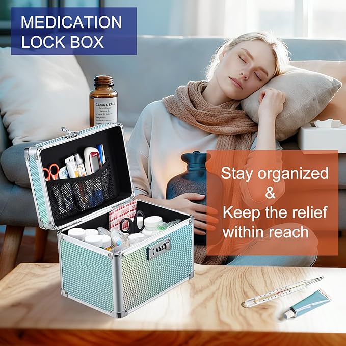 Adazzo Lockable Medicine Storage Box - Turquoise Cabinet Med Lock Organizer, 10 x 7 x 9 Inches Safe Med Case with Lock for Home, Dorm, Office, or Travel