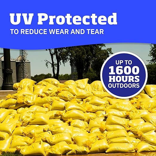 DURASACK Heavy Duty Sand Bags with Tie Strings Empty Woven Polypropylene Sand-Bags for Flood Control with 1600 Hours of UV Protection, 50 lbs Capacity, 14x26 inches, Yellow, Pack of 10