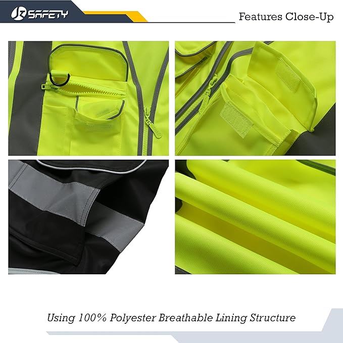 JKSafety 9 Pockets High Visible Reflective Safety Vest Zipper Front Breathable Lining, Yellow-Black Meets ANSI/ISEA Standards(150-Yellow-Black L