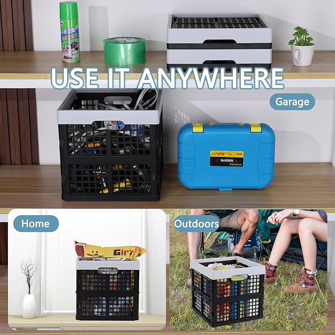18 L Collapsible Storage Crate, 3 Pack Plastic Stackable Storage Milk Crates, Black, F