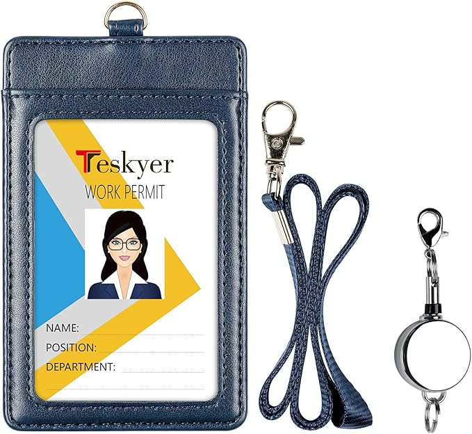 Teskyer Leather Badge Holder with Lanyard and Badge Reel, Retractable Lanyard ID Card Holder for Office School Name Work IDs, Blue
