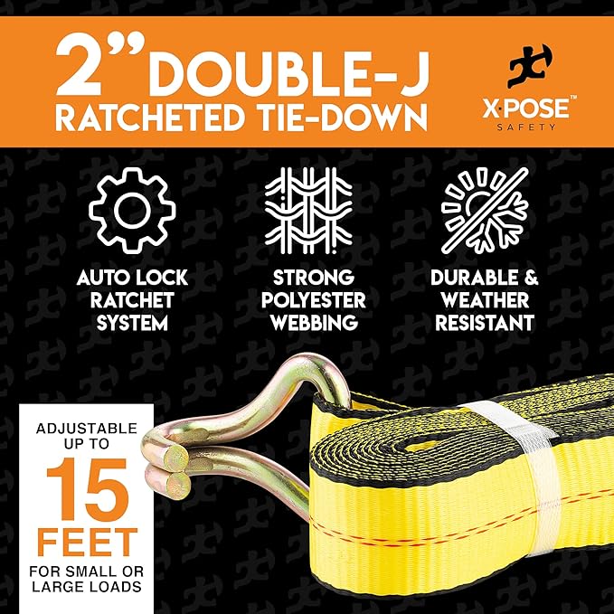 Ratchet Straps Heavy Duty 2" x 15' – 10,000 lbs Break Strength Tie Down Straps with Double J Hooks, Ratcheting Cargo Straps for Truck, Trailer, Kayak, Motorcycle & Moving – 1 Pack