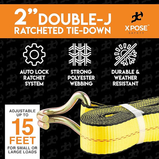 Ratchet Straps Heavy Duty 2" x 15' – 10,000 lbs Break Strength Tie Down Straps with Double J Hooks, Ratcheting Cargo Straps for Truck, Trailer, Kayak, Motorcycle & Moving – 1 Pack