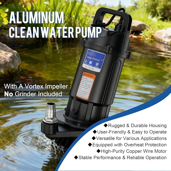 Weeflos 1.6HP Submersible Sump Pump, Automatic ON/OFF, 6300 GPH High Flow, 36ft Max Head, for Dirty Water Removal, Flooded Basement, Swimming Pool Cover, Hot Tubs, Lightweight Aluminum (1HP/36FT)