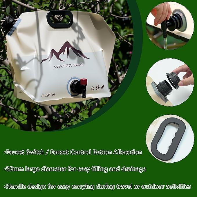 Water Storage Containers,2 Gallon (8 L) Collapsible Camping Water Jug,BPA Free Food Grade Water Container With Spigot,Potable Folding Emergency Water Bags for Hiking & Outdoor (Khaki)