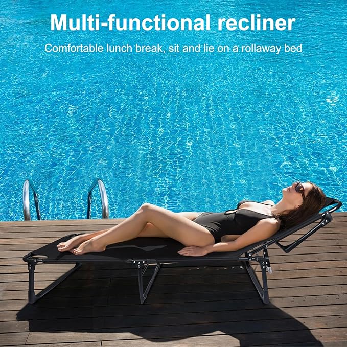 Camping Cot with Mattress, Portable Folding Cot for Sleeping Reclining Folding Chaise Outdoor Lounge Chair Sleeping Cots for Adults with Adjustable 4-Position Supports 440 LBS for Office Home Outdoor