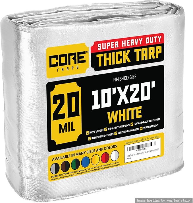 Core Tarps Extreme Heavy Duty 20 Mil Tarp Cover, Waterproof, UV Resistant, Rip and Tear Proof, Poly Tarpaulin with Reinforced Edges for Roof, Camping, Patio, Pool, Boat (White 10′ X 20′)