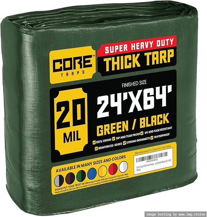 Core Tarps Extreme Heavy Duty 20 Mil Tarp Cover, Waterproof, UV Resistant, Rip and Tear Proof, Poly Tarpaulin with Reinforced Edges for Roof, Camping, Patio, Pool, Boat (Green/Black 24′ X 64′)