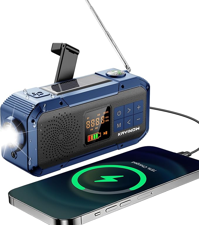 Portable Emergency Radio with AM FM NOAA,Bluetooth Speaker,2000mAh Rechargeable Battery,USB-C Hand Crank Solar Charging,Clear Sound Quality,Flashlight,SOS Alarm for Storm Power Outages Camping