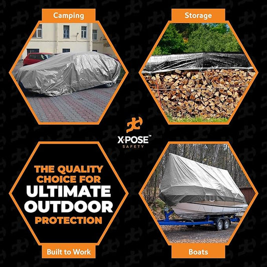 Heavy Duty Poly Tarp - 6' x 8' (2-Pack) - 10 Mil Thick Waterproof, UV Blocking Protective Cover - Reversible Silver and Black - Laminated Coating - Grommets - by Xpose Safety