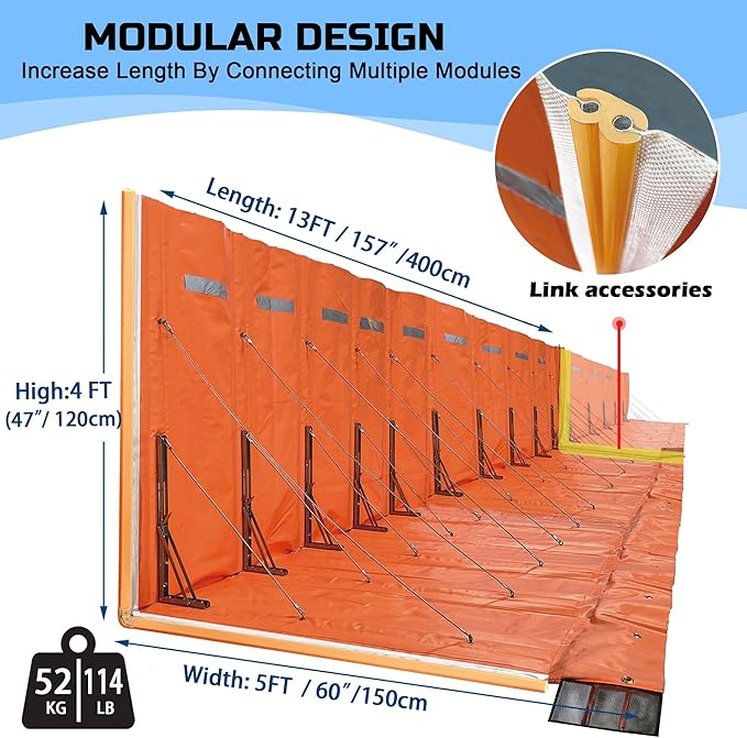 PVC L-Shaped Baffle Flood Barrier for Home,Flood Control Water Gate Flood Protection Products for Garage Doors, Basements, Warehouses Absorbent Sandbag Alternative(L:13ft x W:5ft x H:4ft)