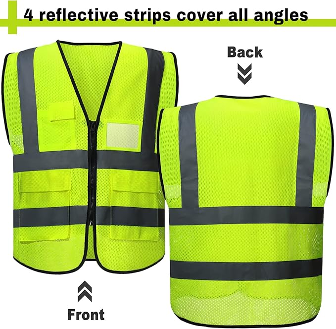 Newcotte 40 Pack Safety Vests Bulk Yellow Reflective High Visibility Vest with Mesh Pocket Zipper, Hi Vis Silver Strip for Men, Neon