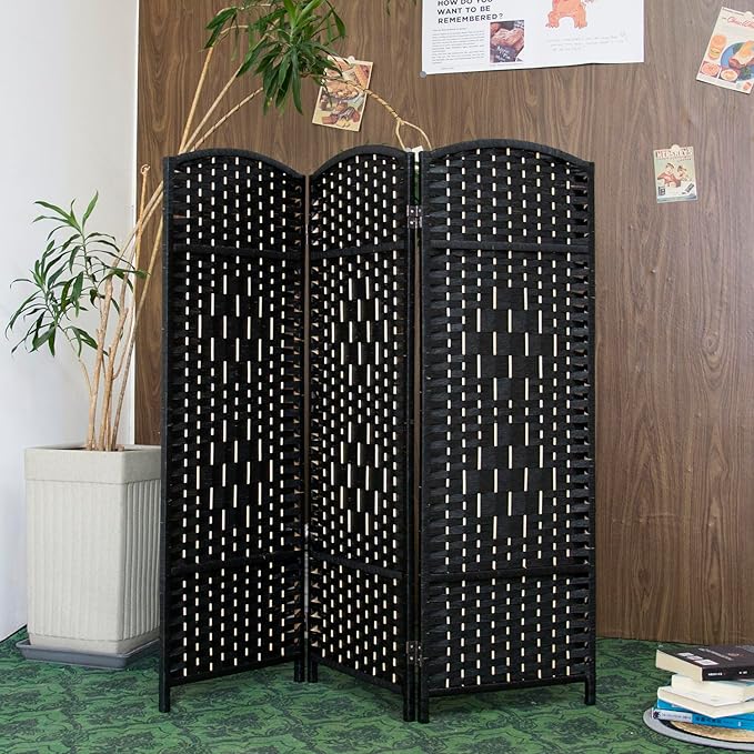3 Panel Rattan Divider Short Room Partition Screen,Double Sided Folding Divider for Room Separation,Black,47.2" H x 47.2" W