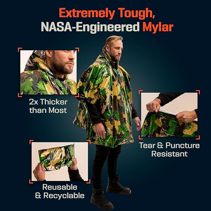 PREPARED4X Emergency Poncho and Mylar Blanket Liner - Waterproof, Wind-Resistant Outdoor Rain Poncho for Camping, Emergencies
