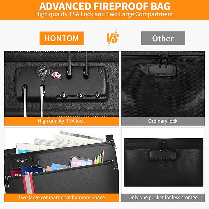 HONTOM Fireproof Document Bag,6400℉ Upgraded Material Fireproof Water Resistant Money Bag with Lock,Home Fire Safe Storage Bag Pouch for Letter Size Documents,Passport and Cards