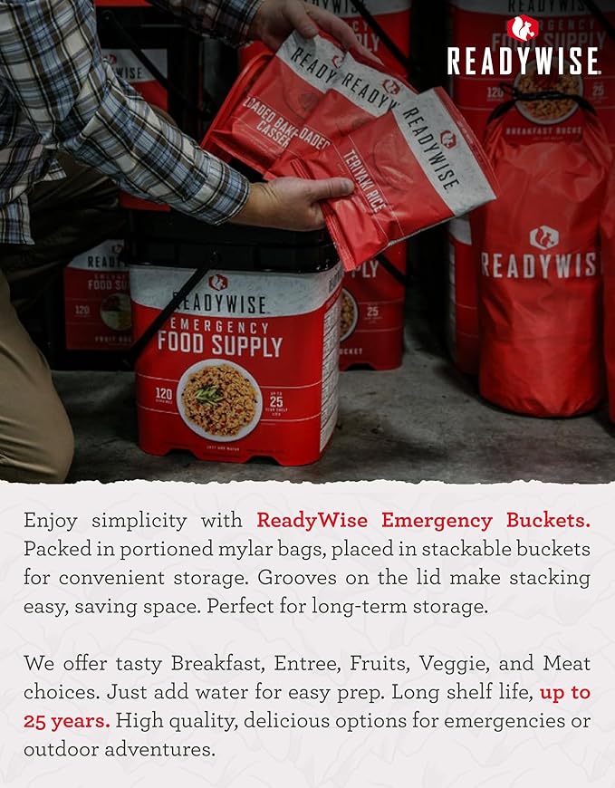 ReadyWise Emergency Food Supply - 104 Servings Freeze Dried Fruit and Vegetables Bucket, Protein Meals, Camping Essentials for Survival Food, Disaster Prepping Supplies, up to 25 Year Shelf Life
