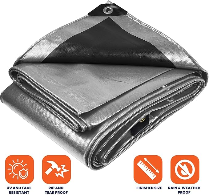 Tarpco Safety Extra Heavy Duty 14 Mil Tarp Cover, Waterproof, UV Resistant, Rip and Tear Proof, Poly Tarpaulin with Reinforced Edges for Roof, Camping, Patio, Pool, Boat (Silver/Black 30′ X 40′)