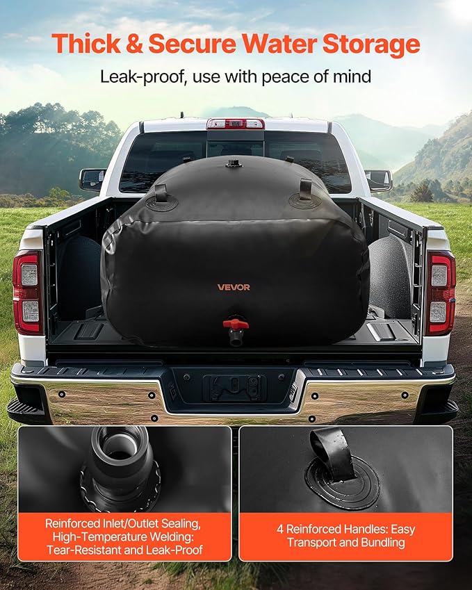 VEVOR Water Storage Bladder, 142.7 Gallon (540L) Water Storage Container Tank, 1000D PVC Large Capacity Soft Bag Bladder, Collapsible Portable for Garden Irrigation, Camping, RV, Emergency Use - Black