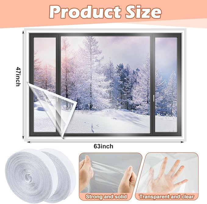 47 x 63 Inch Adjustable Window Insulation Kit Cuttable Transparent Film with Adhesive Straps Reusable Window Plastic for Winterizing Thicken Thermal Waterproof Insulation Cover Warm Winter