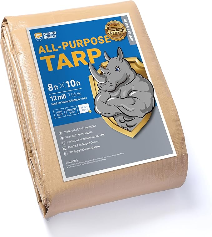 GUARD SHIELD Beige Tarp 8x10 Feet Large Tarps Heavy Duty Outdoor Tarpaulin Cover 12mil