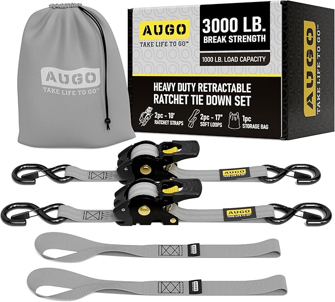 AUGO Retractable Ratchet Straps | 2 Heavy Duty Ratchet Straps Self Retractable Tie Downs with Soft Loops & Storage Bag for Motorcycle, Truck, Trailer, Cargo Van | 3000 Lb Break Strength 2” x 10’