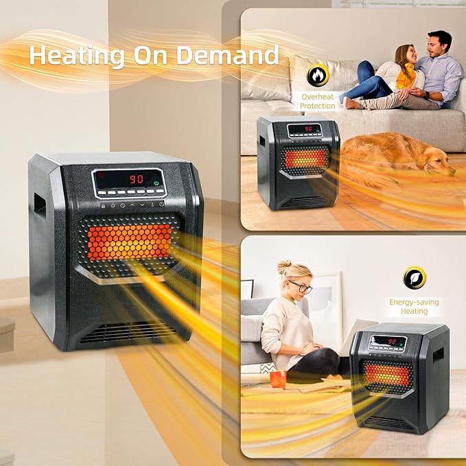 Quartz Space Heater for Indoor Use RealSmart 1500W Electric Heater Remote Control Infrared Heater Office Large Room 3 Heating Modes LED Display Overheat Tip Over Protection