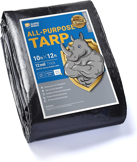 GUARD SHIELD Heavy Duty Tarp 10x12 Feet Black Tarp Large Outdoor Tarps Waterproof with Grommets Cover 12mil