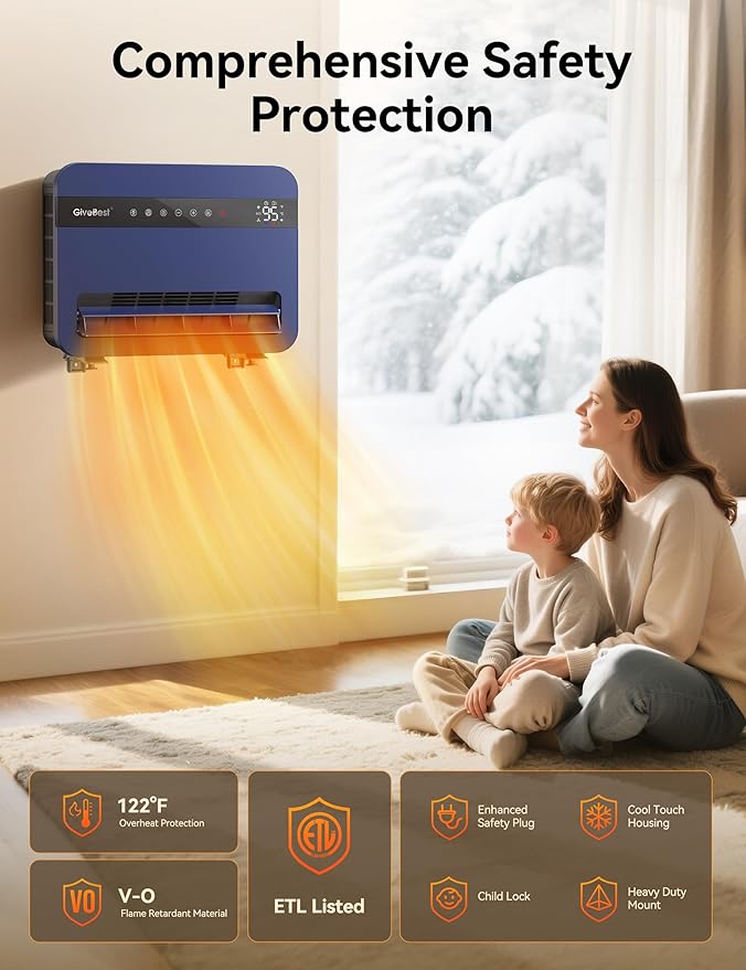 Givebest-Wall-Heater-for-Indoor-Use, 1500W Electric-Space-Heater, 120°Vertical Oscillation,Works with Alexa, Adjustable Thermostat, Remote Control, 24H Timer, Easy-mounted Heater for Indoor Use,Blue