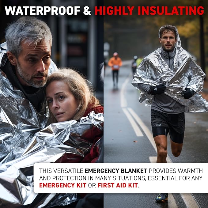 72 HRS Large Emergency Mylar Space Blankets 60-Pack, MIL-SPEC 54″ × 88″ Thermal Survival Foil – Retains 90% Body Heat, Waterproof Reflective Blanket for Camping, Hiking, Marathon, First Aid