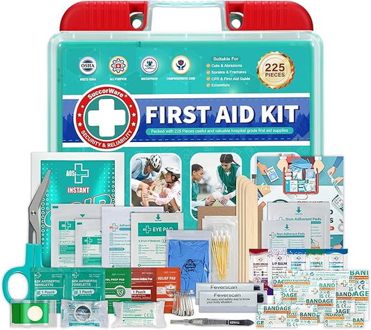 225 Pieces First Aid Kit, Includes Ice Pack, Adhesive Bandages, Wound Gauze Pads, Portable First Aid Bag for Home, Car, Business, Travel, Outdoor Emergency Medical Kits