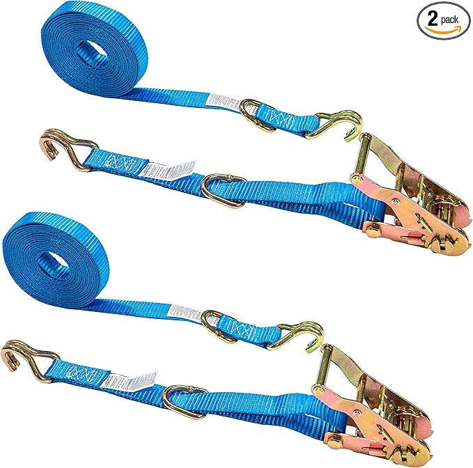 US Cargo Control J Hook Ratchet Strap 1" x 20' (2-Pack), 1 Inch Ratchet Straps with Double J-Hooks & D-Rings, 1,320 LBS Break Strength, Versatile Cargo Tie Downs for Pickup Trucks, Trailers, & More
