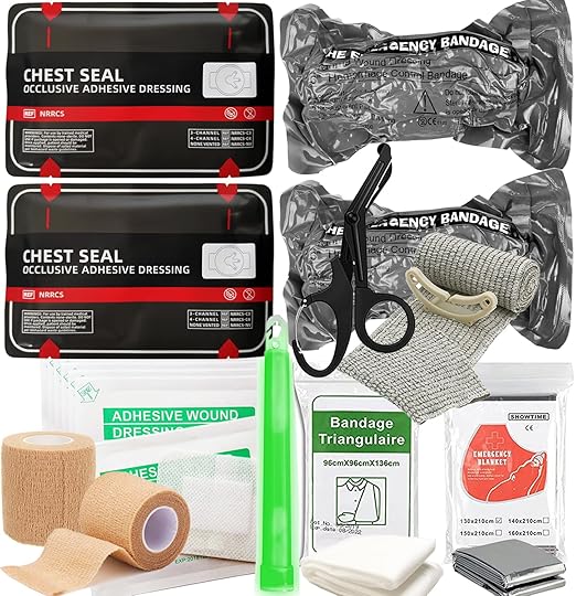 Bleeding Control Pack Feat Med Trauma Kit, Includes Vented Chest Seal x2, Israeli Bandagex2, Adhesive Wound Dressing x5, Emergency Blanket, Bandages, Shears (11 Items)