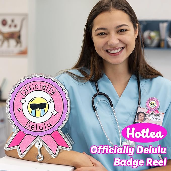 Officially Delulu Badge Reel with Alligator Clip Funny ID Badge Holders Cute RN LPN CNA MA PCT Badge Buddy Healthcare Medical Students Nurse Accessories for Work