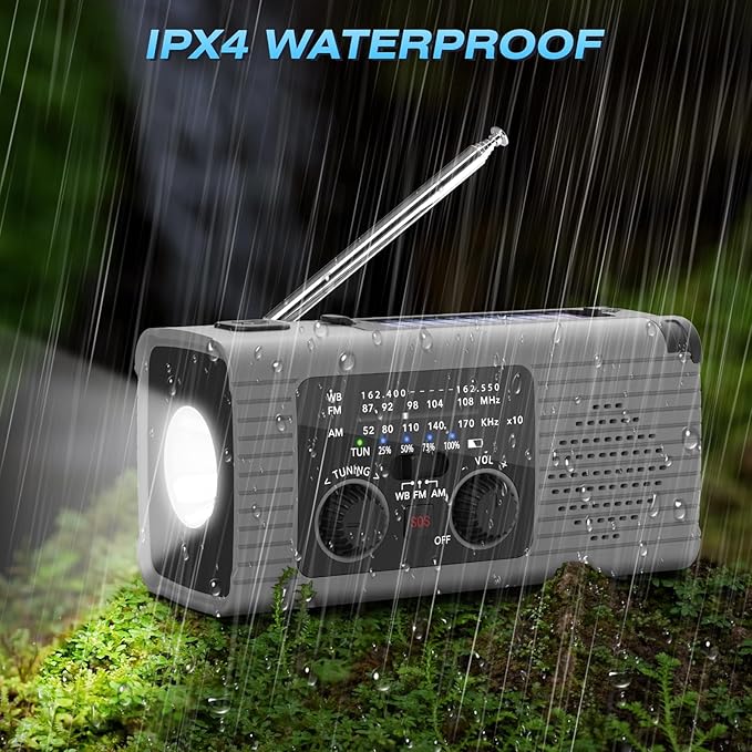 Emergency Radio 4000mAh Solar Hand Crank AM/FM/NOAA Portable Weather Radio with Phone Charger, LED Flashlight, Reading Lamp, SOS Alarm, Headphone Jack for Indoor Outdoor Emergency, USB Charged