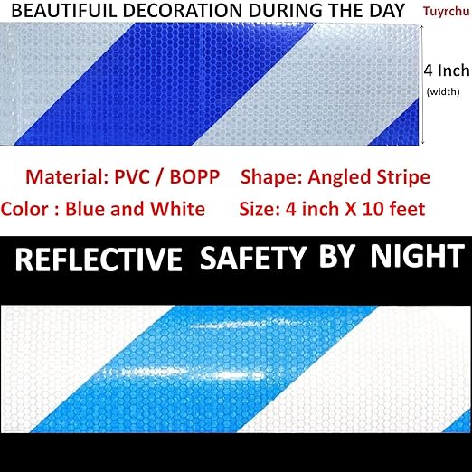 Reflective Tape Blue and White 4 inch X 10 feet, Outdoor Waterproof Hazard Conspicuity Warning Industrial Marking Tape