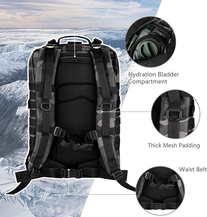 MOLLE Assault Pack, Tactical Backpack Military Army Camping Rucksack, 3-Day Pack Trip w/USA Flag Patch, D-Rings, Black Camo