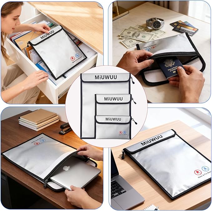 3 Pack Fireproof Document Bag Waterproof Safe Zipper Storage Organizer Pouch Fireproof Money Bag for A4/A5 Documents Holder, File, Cash, Jewelry, Passport, Tablet, Laptop