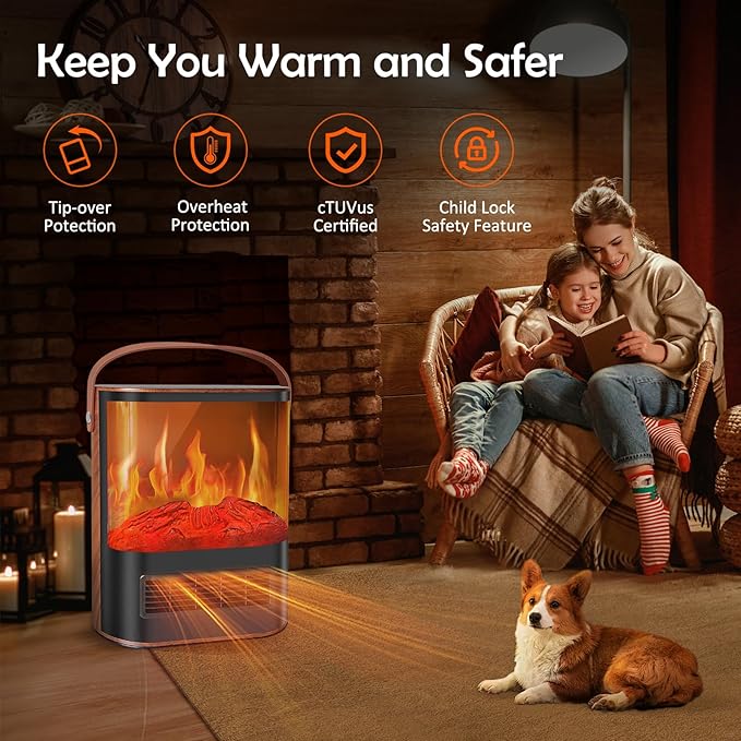 Electric Space Heater, 1500W Electric Fireplace Heater with Thermostat and Remote Control, Energy Efficient Space Heaters for Indoor Use with Realistic 3D Flame and 12H Timer, 7 Adjustable Colors