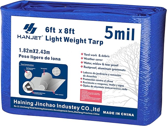 Lightweight Outdoor Camping Tarp 6' x 8' 5-mil Blue Waterproof Boat Tarps Covers with Grommets