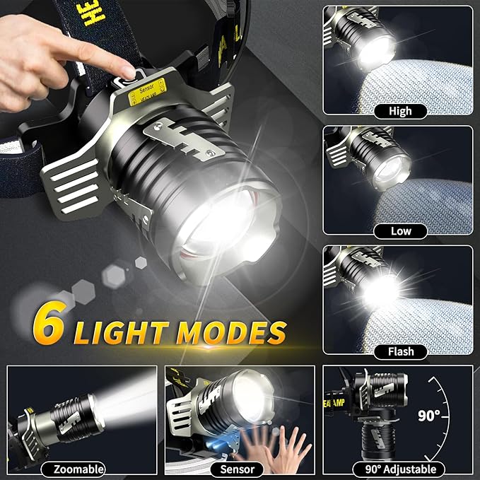 Rechargeable Headlamp, 3500 LM Super Bright Head lamp, 9 Mode, Motion Sensor, Digital Display, Led Headlamps with Red Light, Headlamp Battery Powered for Camping, Running