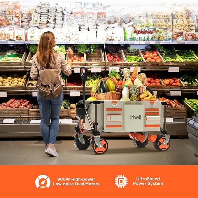 Litheli Electric Wagon Cart with 2 Batteries, All-Terrain Wheels & Variable Speed | 150L Capacity, 300 lbs Heavy-Duty Utility Wagon for Camping Beach Garden Shopping, Beige