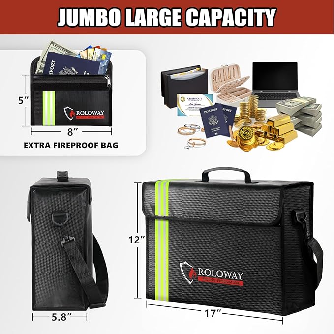 ROLOWAY Large Fireproof Bag 5200℉ Heat Insulated (17 x 12 x 5.8 inches) with Reflective Strip, Fireproof Document Bag for Cash Safe and Document Safe