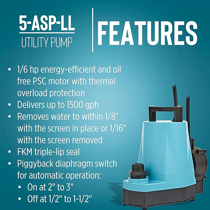 Little Giant 5-ASP-LL 115-Volt, 1/6 HP, 1500 GPH Automatic Aluminum Utility Pump with Low-Level Piggy-back Diaphragm Switch, 18-Ft. Cord, Blue, 505717