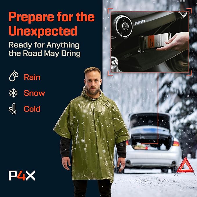PREPARED4X Emergency Poncho and Mylar Blanket Liner - Waterproof, Wind-Resistant Outdoor Rain Poncho for Camping, Emergencies